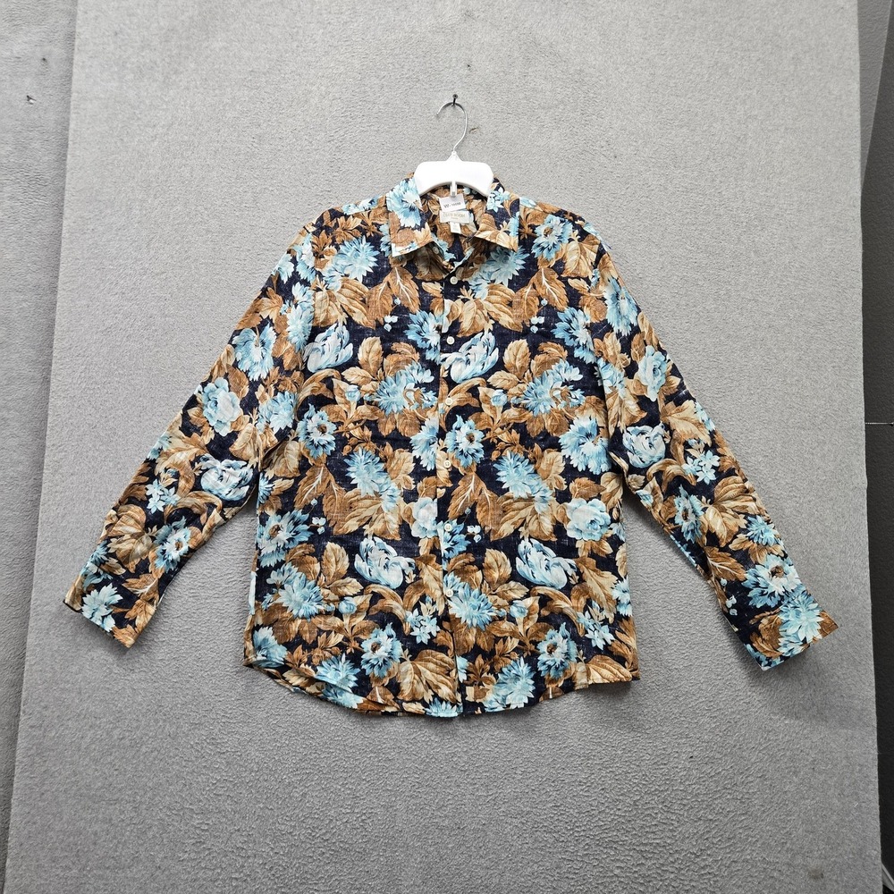Club Room Men Button Up Shirt M Blue Floral Print 100% Linen Long Sleeve Casual